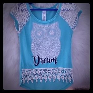 Beautees Owl design shirt in aqua /teal color.